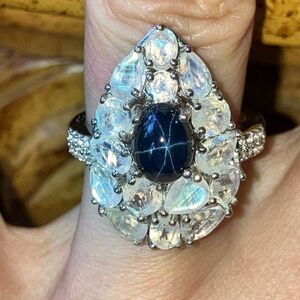 Blue Star Sapphire Rainbow Moonstone Sterling Silver Cocktail Ring Size 7